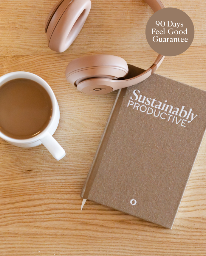 A cup of coffee, beige headphones, and a premium planner titled "Sustainably Productive" on a wooden table - for focus, clarity and sustainable planning. 